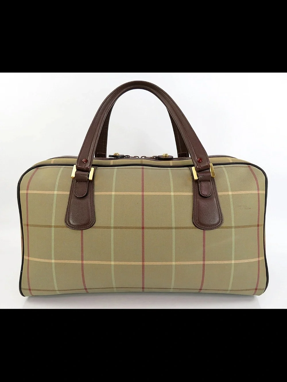 Burberry Olive Green Plaid Canvas Top-Handle Satchel with Brown Leather Trim